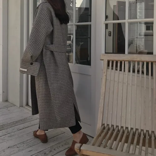 Южнокорейское шикарное шерстяное пальто в клетку, Женское шерстяное пальто средней длины, осень и зима, стиль, Ретро стиль, свободное, на шнуровке, шерстяное пальто