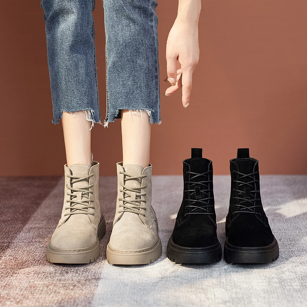 Botines de piel de ante con plataforma plana para mujer, botines bajos de piel auténtica la moda, zapatos de otoño e invierno, 2021|Botas hasta el tobillo| - AliExpress