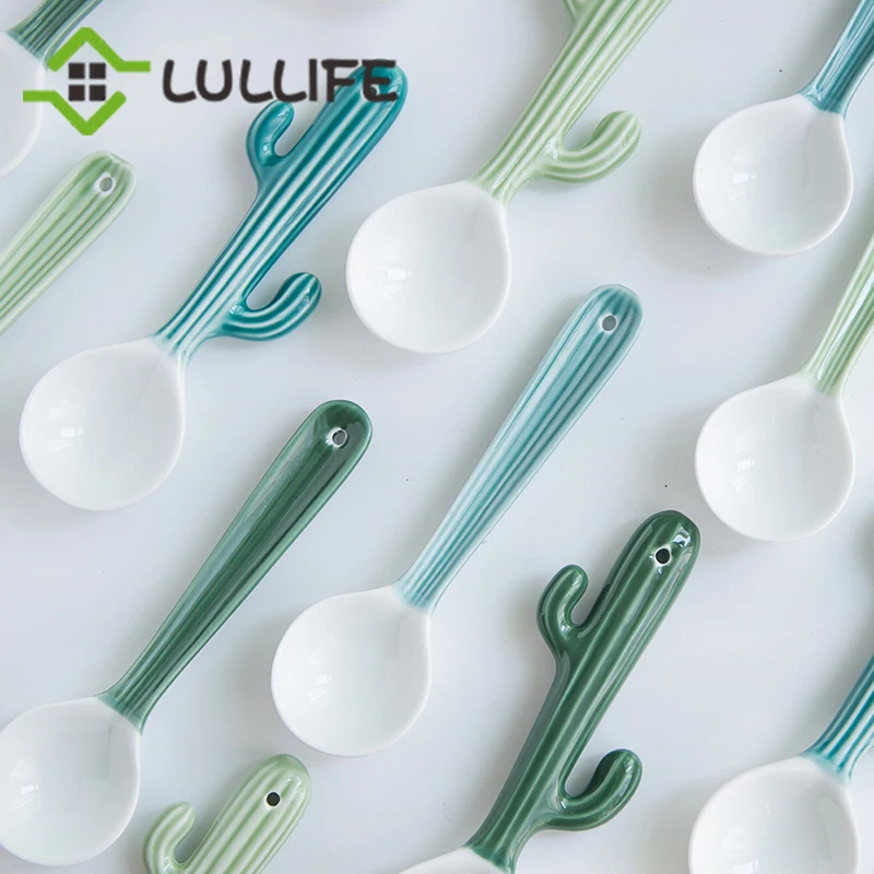 

Creative Cactus Ceramic Spoon Fruit Ice Cream Dessert Spoon Kids Milk Stirring Soup Spoon For Dinner Home Flatware Kitchen Tools
