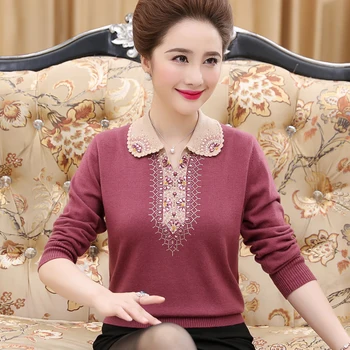 

2020 middle and old women fall and winter clothing lapel sweater mother loaded