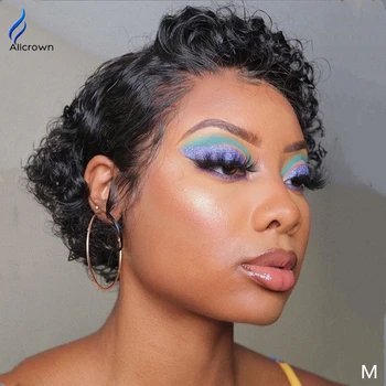

ALICROWN Curly Short Pixie Cut Lace Front Human Hair Wigs For Black Women Bleach Knots 180% Density Lace Wig Pre Plucked