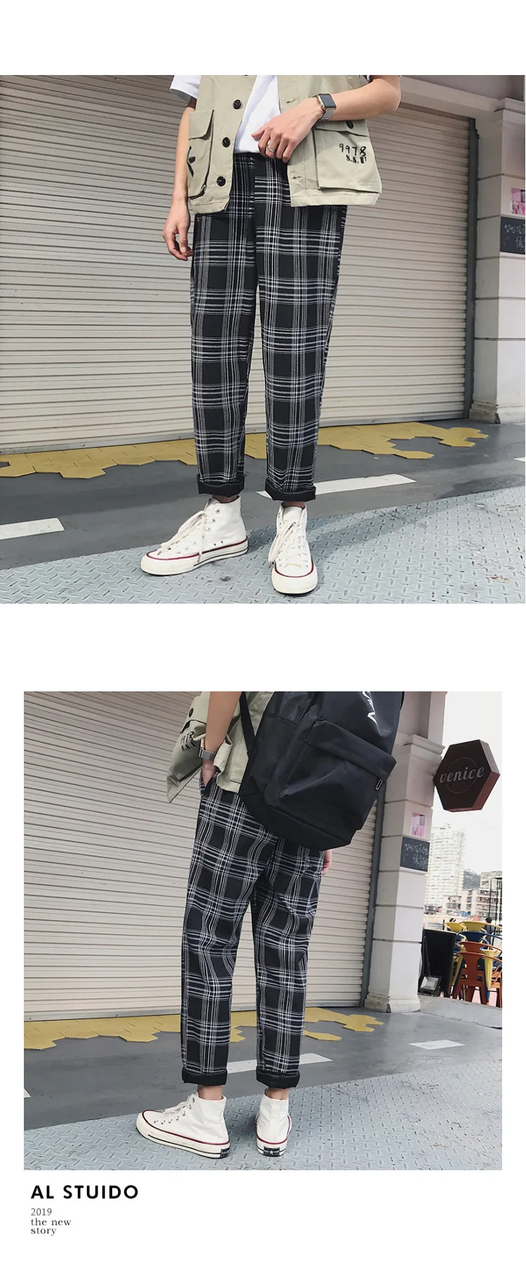 Liketkit Men Women Korean Black Plaid Casual Pants Mens Harajuku Streetwear Harem Pants Male Hip Hop Checkered Trousers 5XL