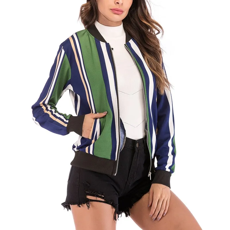 Green Stripe Wuhaobo модное женское пальто в стиле ретро с цветочным принтом, повседневная куртка-бомбер на молнии, Женская Повседневная Осенняя верхняя одежда, пальто, женская одежда - Цвет: Green Stripe