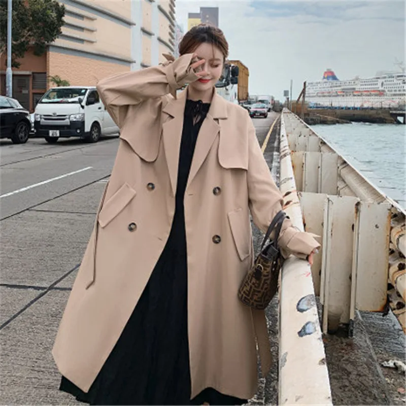 

Spring Double breasted Long Trench coat with belt Korean Women 2020 Autumn Moda mujer Loose Casual Black Khaki Windbreaker Coat