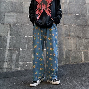 

Harajuku Ins Loose Korean Pants Women Autum Ndaisy Print Wash Straight Trousers Ladies Tube High Street Wide Blue Pants Fashion