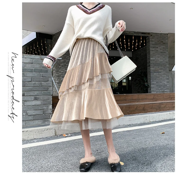 HAYBLST бренд торт юбка женская осень зима элегантный корейский стиль Повседневная мода сетка лоскутное высокая талия длинная одежда