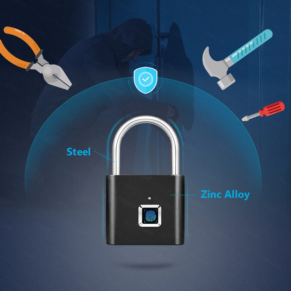Towode 1/2Pcs Keyless USB Rechargeable Door Lock Fingerprint Smart Padlock Quick Unlock Zinc alloy Metal Self Developing Chip