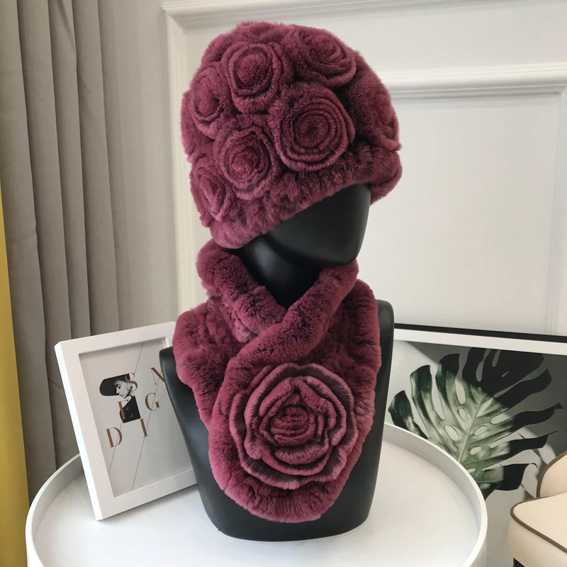 Brick red Новая модная меховая шапка для девочек, Женский Зимний натуральный настоящий мех кролика, шапка, шарф, люкс качество, женская натуральная меховая шапка, глушитель - Цвет: Brick red