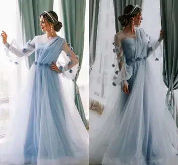 

YiMinpwp Light Sky Blue Prom Dresses O Neck Long Sleeve Sweep Train Pleats 3D Floral Formal Evening Party Gowns for Sweet 16