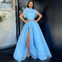 

Sky Blue A Line Side Slit Weeding Party Dress Sashe Tulle Tiered Ball Gown Sweetheart Sleeveless Celebrity Dresses 2021