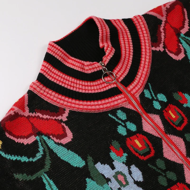 Рождественские Зимние винтажные женские свитера с цветочным принтом, кардиганы для подиума на молнии с рукавом-фонариком, вязаный свитер, джемпер, одежда