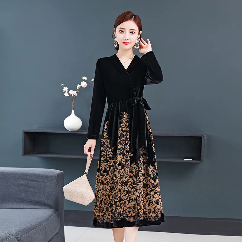

2019 Autumn And Winter New Style High-End Velvet Dress Female Black Lady Slim Fit Slimming Elegant Nobility Skirt