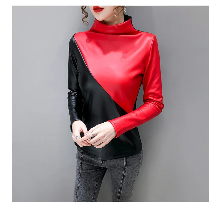 Autumn Plus size women blouse fashion patchwork colors turtleneck pullovers bottoming shirt velvet soft PU leather blouses tops satin shirts for women