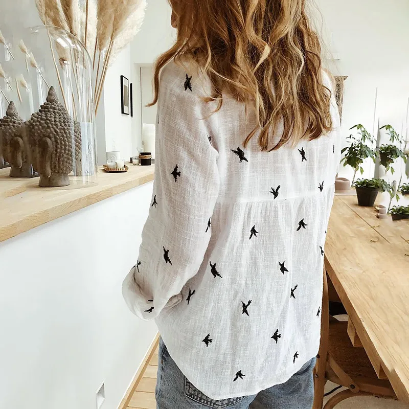Women's Birds Print Shirts 35% Cotton Female Tops 2020 New Fashion Spring Summer Loose Casual Ladies Shirt Plus Size 5XL