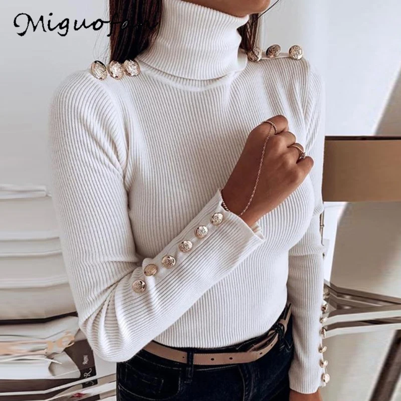 Miguofan solid sweater button women knitted pullovers turtleneck long sleeve sweaters vintage jumpers female pull tops | Женская одежда