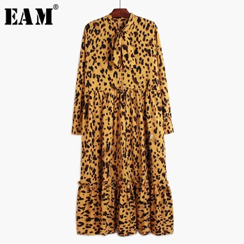 

[EAM] Women Leopard Printed Split Joint Big Size Dress New Bow Collar Long Sleeve Loose Fit Fashion Spring Autumn 2020 1R530