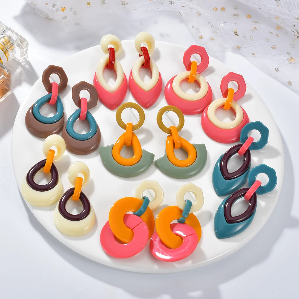 

Contrast Color Acrylic Big Long Exquisite Dangle Round 1Pair Geometric Party Drop Earrings Plastic Candy Color Hollow Square
