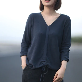 

NINI WONDERLAND Spring Women V Neck Sweater Autumn Solid Color Cotton Pullovers Sweaters Female Knit Casual Tops Vintage Sweater