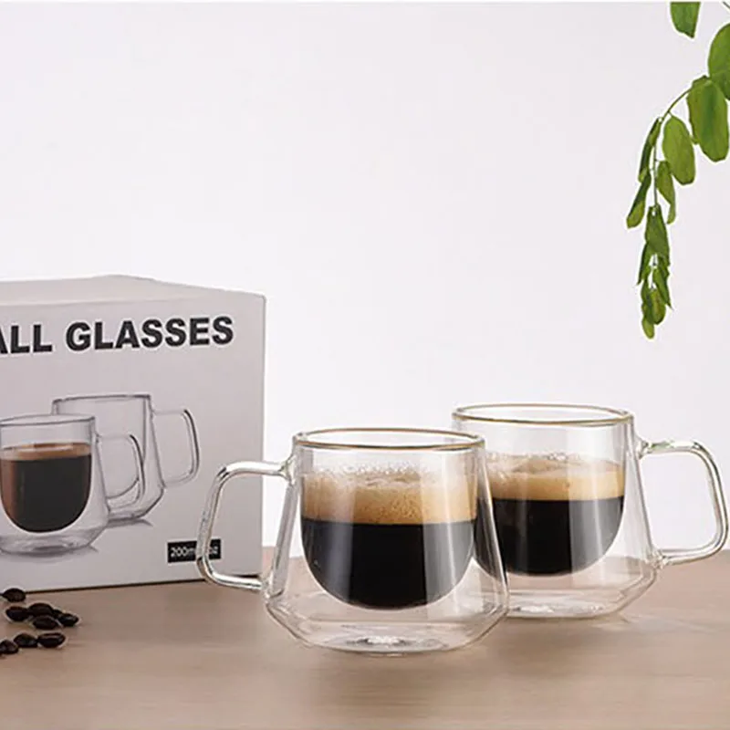 250ml Double Wall Glass Espresso Cups With Dish And Spoon Heat Resistant  Handle Coffee Mug Fresh Ground Coffee Cup Set - AliExpress