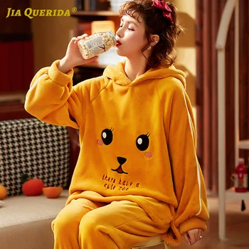 

Pj Set New Long Sleeve Long Pants Sleepwear Fashion Style Casual Style Cartoon Printing Winter Woman Pajama Set Pyjamas Set