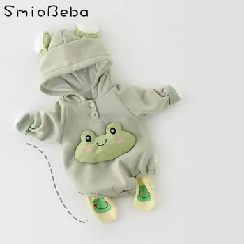 

Cute Baby Boy And Girl Green Frog Frock Romper Big Eyes Bodysuits With Hooded Long Sleeve Plush Winter Warm Baby Jumpsuit Hoodie