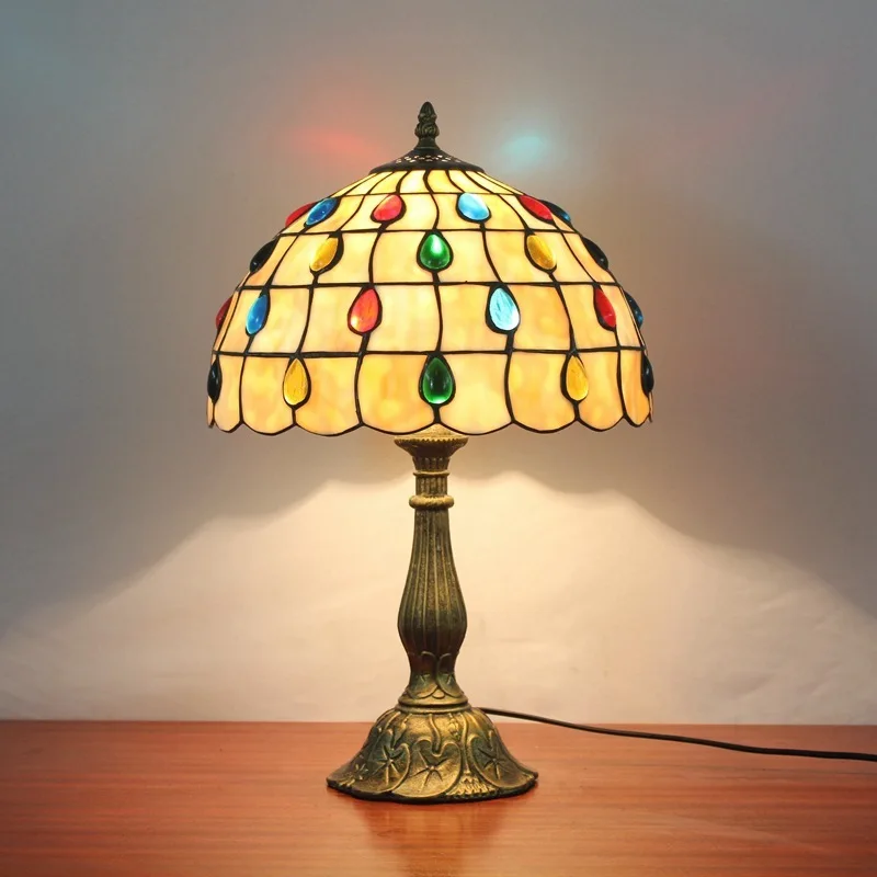 

European style retro Tiffany's stained glass bedroom bedside table lamp bar restaurant bead lamp living room lighting