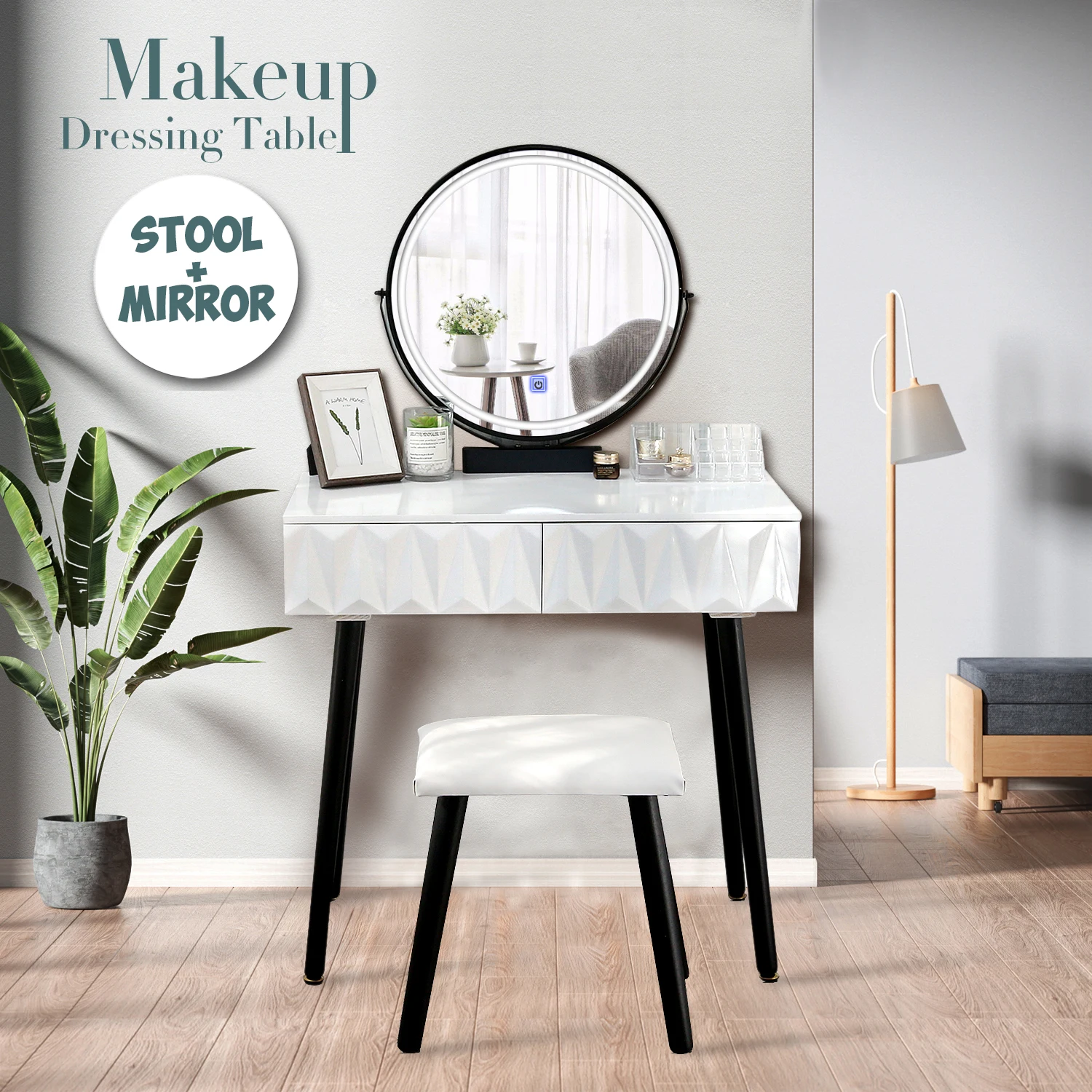 Modern Makeup Vanity Dressing Table Set W Stool 2 Drawer Led