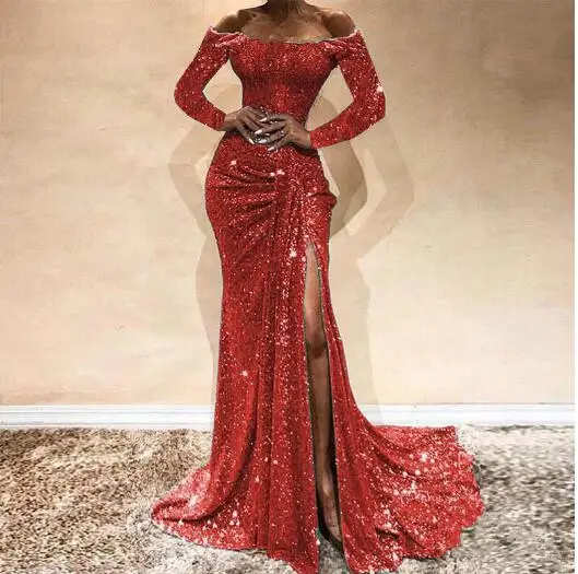 2022 Girls Sexy Boat Neck Off Shoulder Sequined Evening Gowns Side Split Mermaid Dress Long