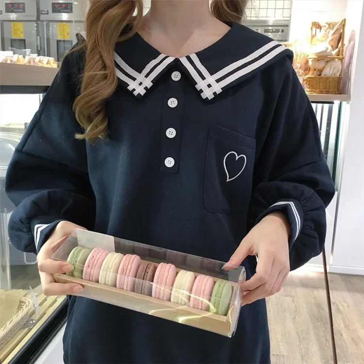 Японская Harajuku женская школьная форма морская воротник белый синий розовый объемный пуловер вышивка флис Осенняя теплая верхняя одежда