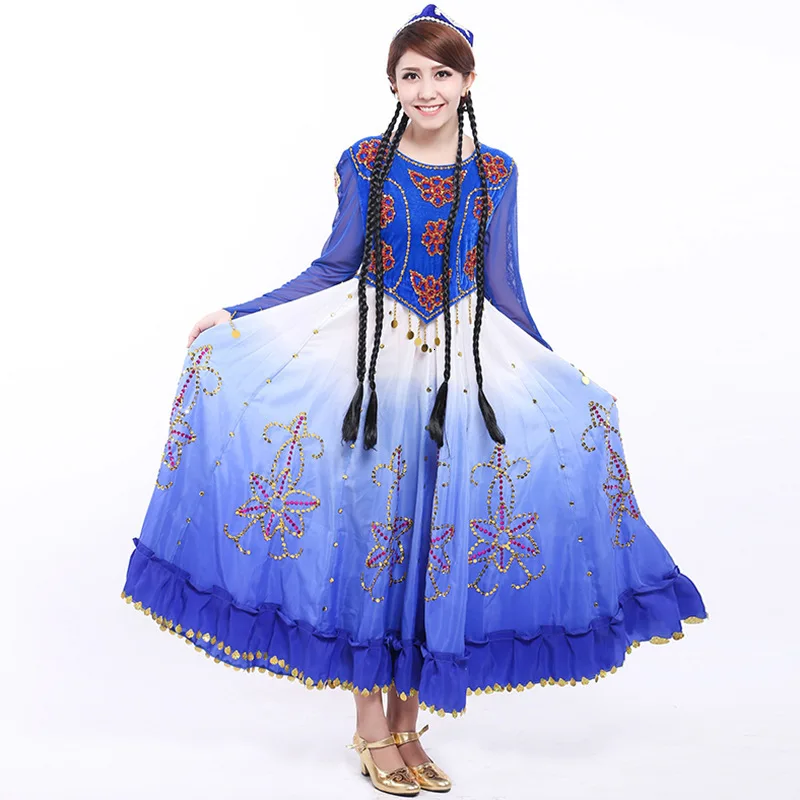 Новинка, Женский национальный костюм Синьцзян, костюм для китайского танца, костюмы уйгур, голубое женское платье