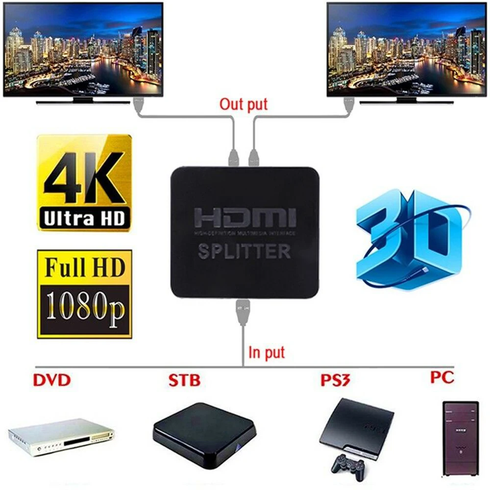 HDMI 1 в 2 Out 1080p 4K 1x2 HDCP 3D сплиттер усилитель сигнала питания аудио-видео дистрибьютор для HD tv DVD tv BOX