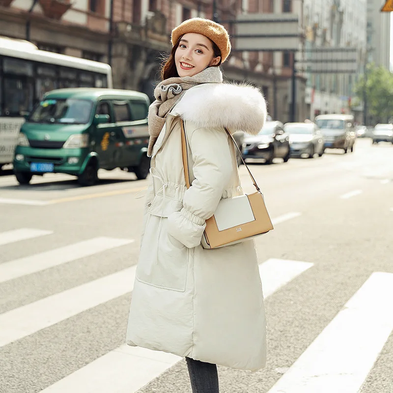 

White Winter Duck Down Jacket Women Hooded Raccoon Fur Collar Korean Long Coat Warm Jackets for Women 18081 KJ2903 s
