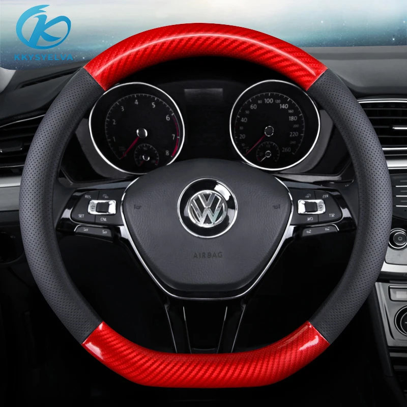 

KKYSYELVA D Shape O Shape Steering Wheel Cover Genuine leather Cow Skin + Carbon Fibre 38CM Car Wheel Cover Interior Accessories