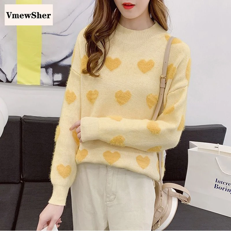 

VmewSher New Sweet Spring Sweater Heart Pattern Women Long Sleeve O Neck Knitted Pullover Female Fashion Autumn Jumper Tops