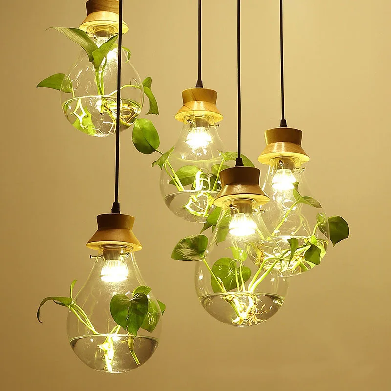 

Modern Plant Pendant Light Wood Glass Bottle Decor Restaurant Bar Cafe Living Room Study Lighting LED Pendant Hang Lamp WF1027