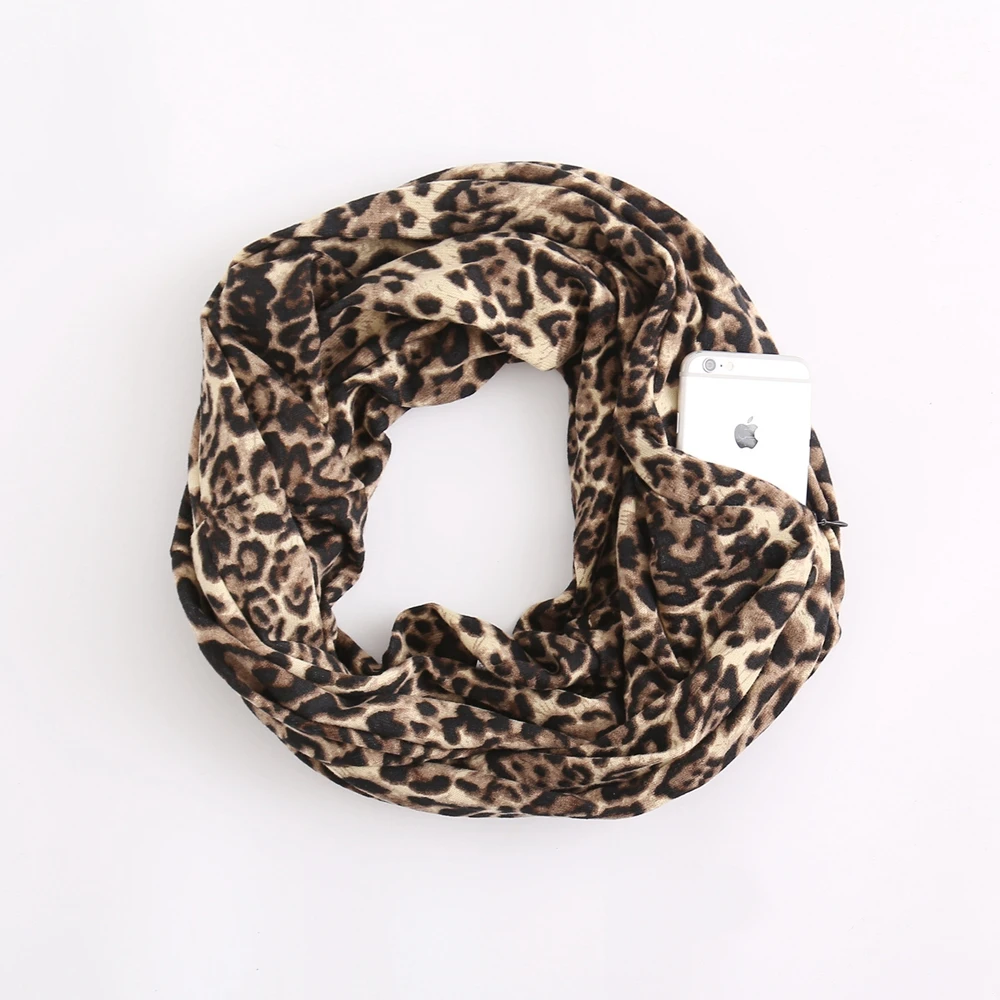 leopard light brown HanXi модный потайной Карманный шарф на молнии для женщин Путешествия леопардовые хрустальные Шарфы Мягкий унисекс шарф-кольцо - Цвет: leopard light brown