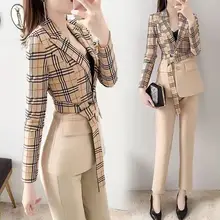 Ensemble 2 pièces veste et pantalon Blazer pour femmes, vêtements de luxe, Sexy, doux, décontracté, Vintage, à carreaux, vêtements formels, mode automne 
