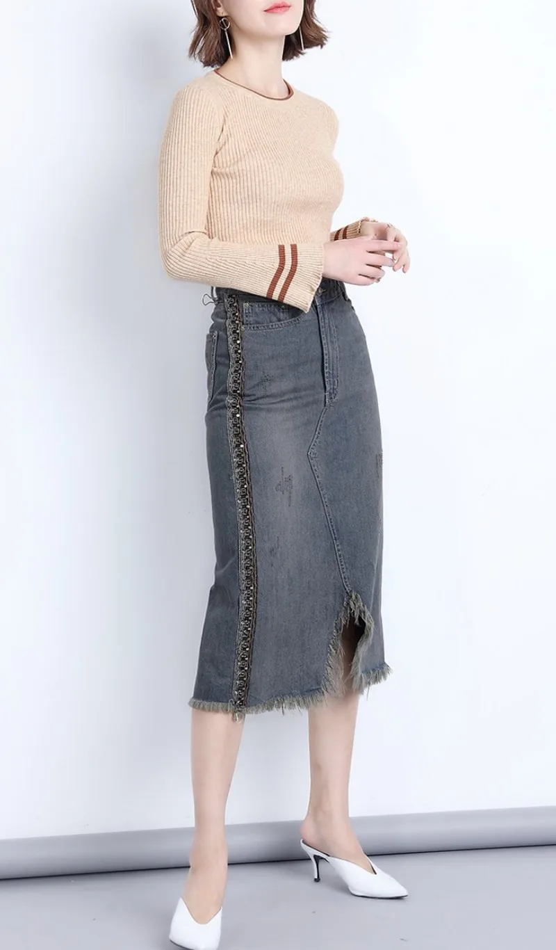 С высокой талией Асимметричные средней длины женские джинсовые юбки брюки-клеш с вышивкой рваные кисточкой женские винтажные
