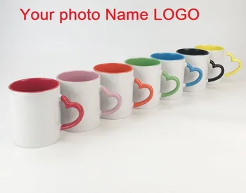 

11oz Ceramic mug DIY photo Heart shape handle Color inside and Color heart hand cup with customized pictures DIY images print