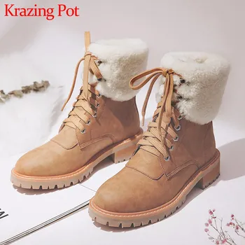 

Krazing Pot keep warm lambswool cow leather snow boots round toe med heels winter warm lace up women fashion ankle boots L11