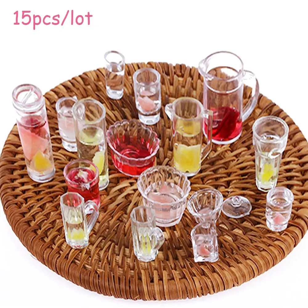 Miniature Ornament Miniature Figurines 15PCS/Lot Miniature Cup Dish Bowl Simulation Tableware Set Acrylic Transparent Kids Kitchen Toy Dollhouse Decoration Accessories