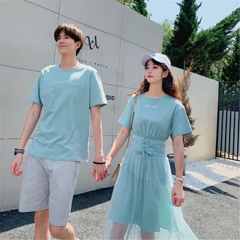 

Lovers Summer Sets New Solid Color Women's Waist Dress Men's Suit Short Sleeve Shirt and Shorts Clothes for Couples