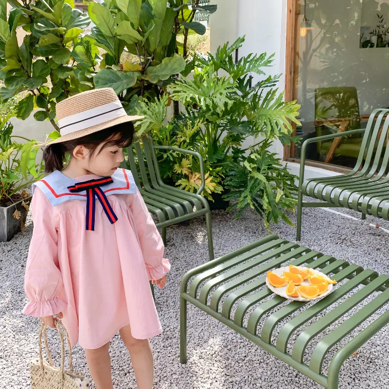 Весеннее милое платье с длинными рукавами и бантом для девочек; хлопок; свободное платье принцессы; платья для маленьких девочек