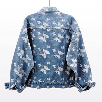 Spring Korean Fashion Butterfly Print Denim Jacket Women Blue 2