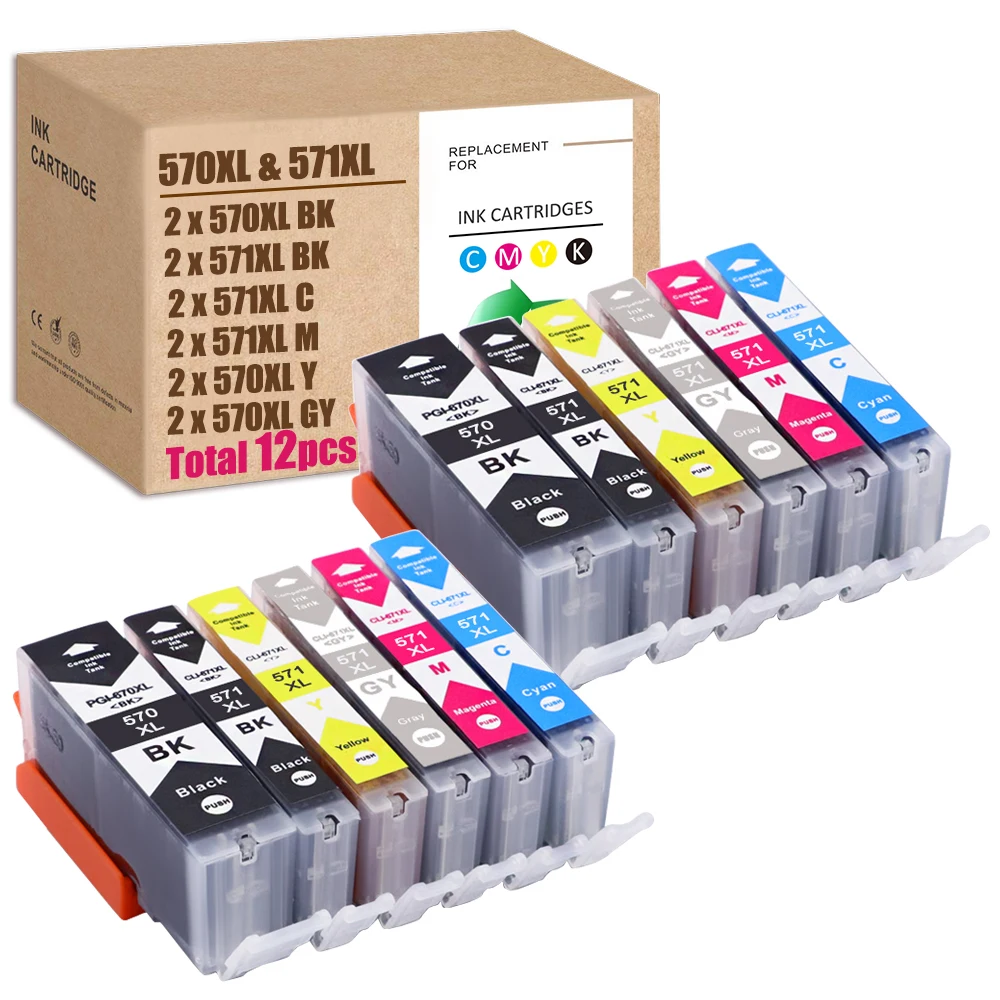 12 шт. в упаковке для Canon PGI-570 чернила CLI-571 570XL 571XL Pixma MG6850 MG5750 MG6852 MG5753 MG7751 TS8051 TS5051 TS6051