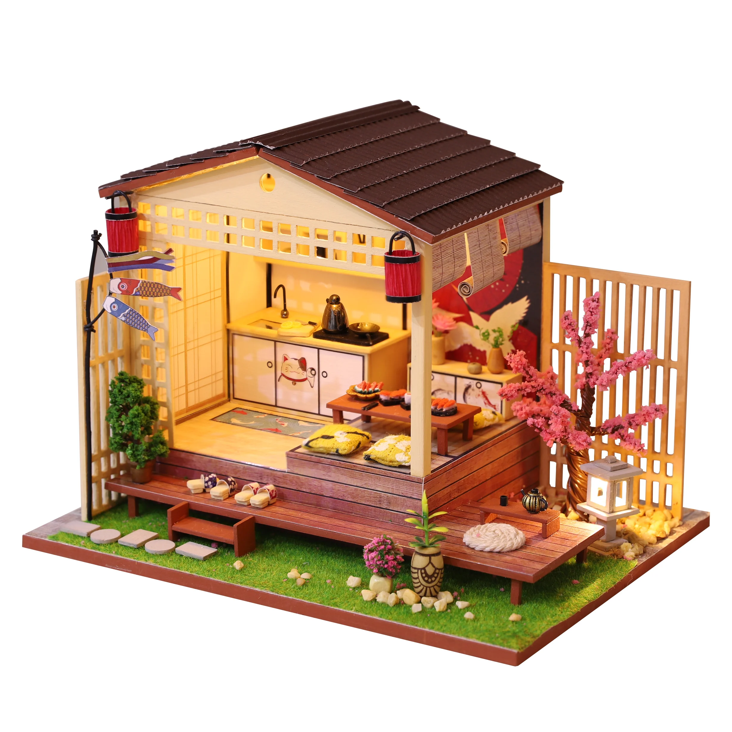 DIY Doll House Wooden DollHouse Toy with Japanese Architecture Puzzle