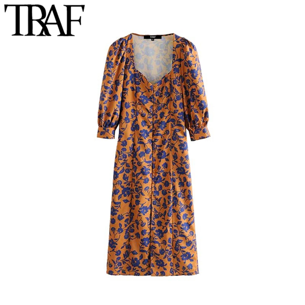 

TRAF Women Stylish Deep V Neck Floral Print Midi Dress Vintage Fashion Three Quarter Sleeve Side Zipper Dresses Vestidos Mujer