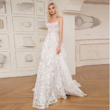 Boho Spaghetti Strap Lace Wedding Dresses Floor-Length Strapless Bridal Gowns 2022 Sleeveless Dress New with Tulle Robe De