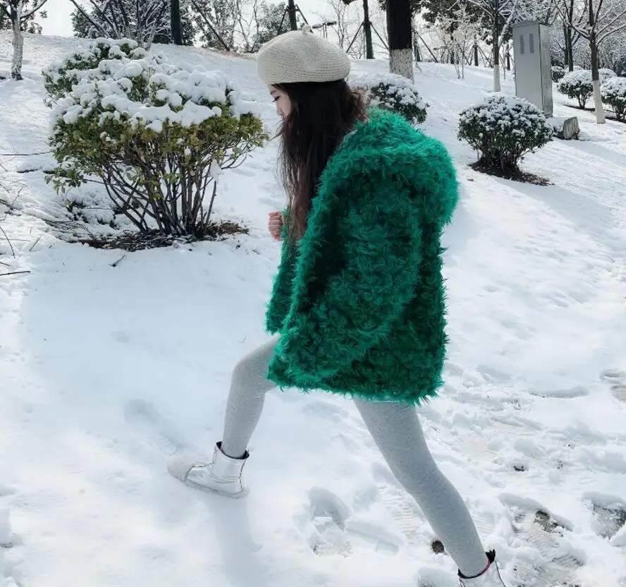 Зимняя теплая зеленая курчавая куртка из искусственного меха с капюшоном, повседневная женская меховая куртка с длинным рукавом, свободная верхняя одежда