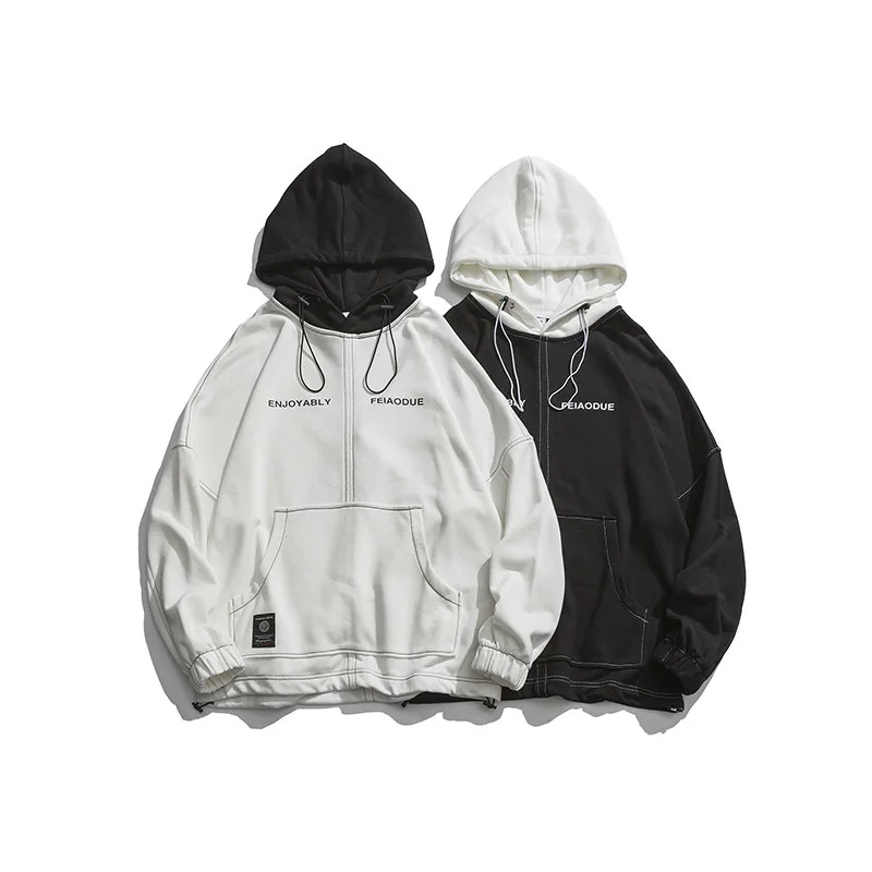 

2019 Spring And Autumn Men's New Casual Stitching Contrast Color Pattern Printing Hooded Hoodies Loose Temperament Trend Cotton